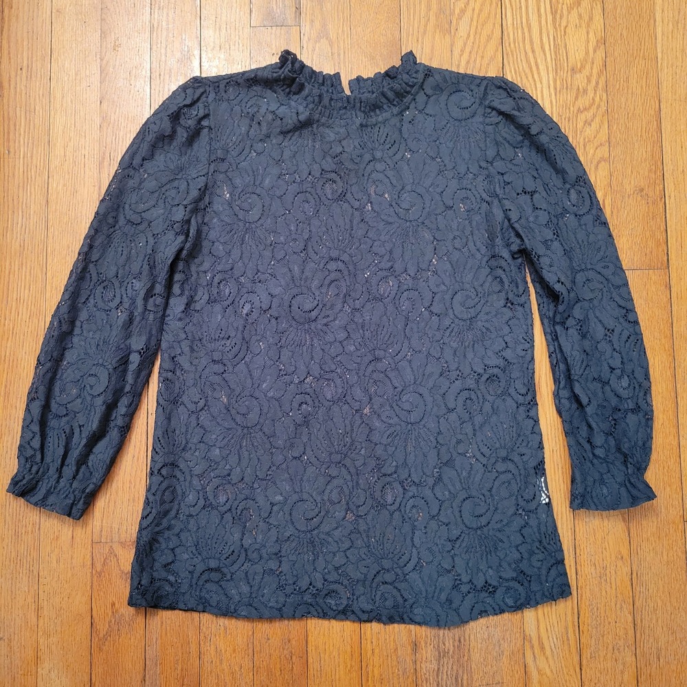 Adiva Emerald Green Floral‎ Lace Mock Neck Ruffle Top XS Whimsigoth Coquette